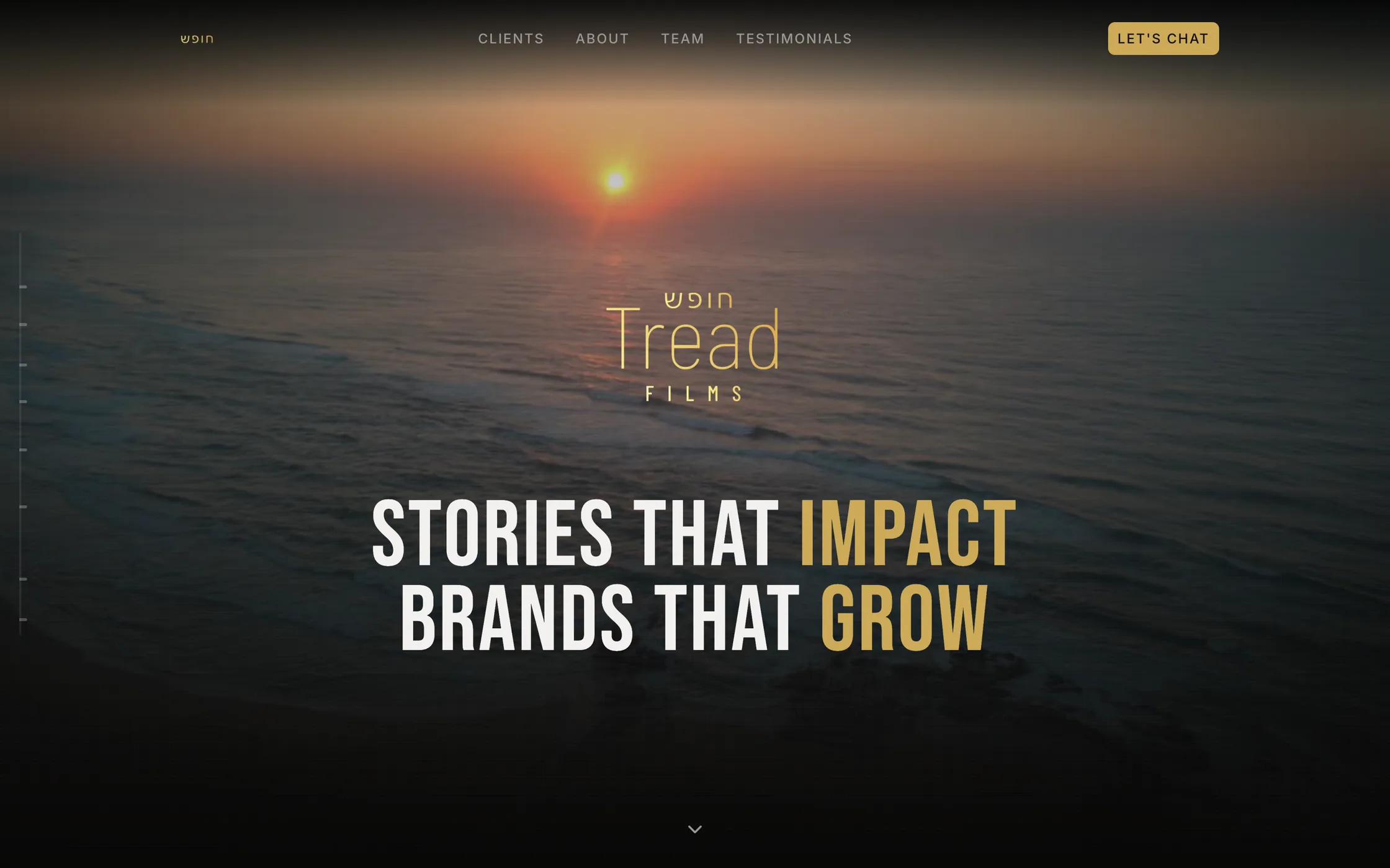 The Tread Films home page: a sunrise over the sea behind the studio logo and the line "Stories that impact, brands that grow".
